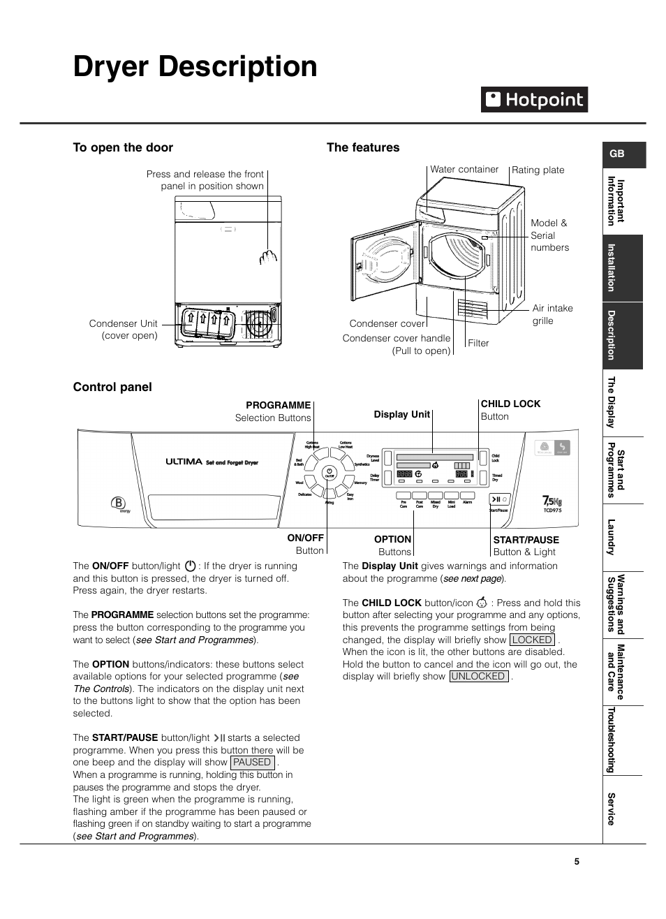 Dryer description, Control panel | Hotpoint TCD975 User Manual | Page 5 / 20