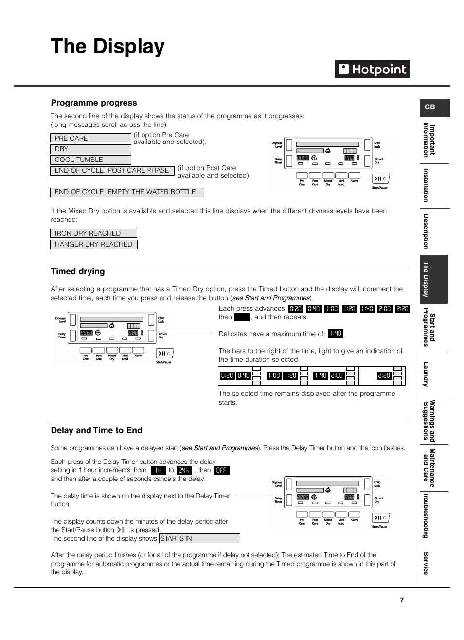 The display, Programme progress, Timed drying | Delay and time to end | Hotpoint TCD975 User Manual | Page 7 / 20