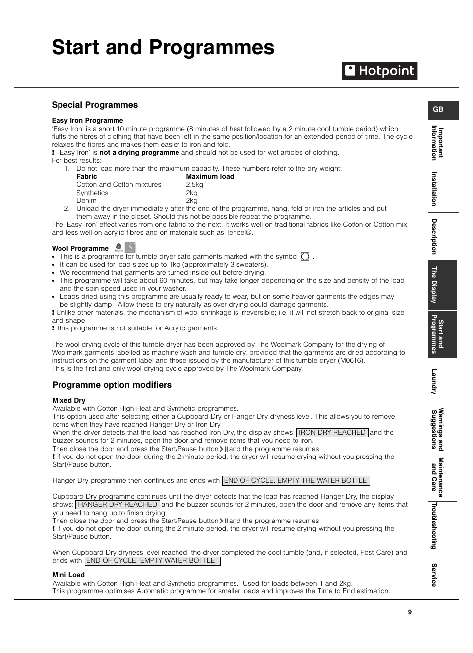Start and programmes, Special programmes, Programme option modifiers | Hotpoint TCD975 User Manual | Page 9 / 20