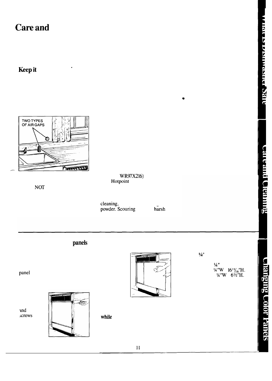 Air gap, Care and cleaning, Front panel color change | User maintenance instructions 11, Winter storage, Cleaning, Built-in dishwashers often use an air gap. clean, How to change color, How to prepare your dishwasher for winter storage | Hotpoint HDA850G User Manual | Page 11 / 16