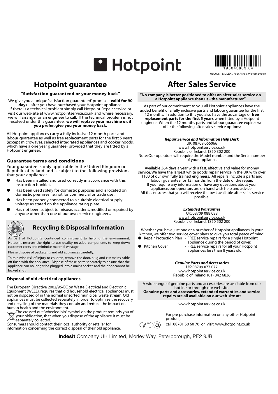 Hotpoint guarantee after sales service, Recycling & disposal information | Hotpoint FEW10 User Manual | Page 12 / 12