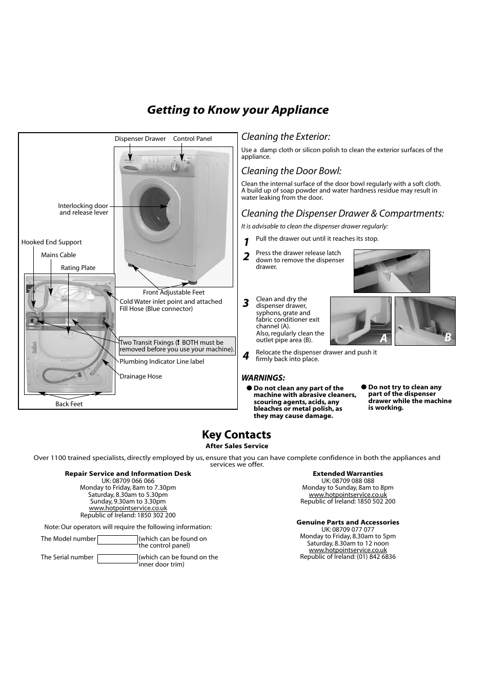 Getting to know your appliance, 3a b, Key contacts | Cleaning the exterior, Cleaning the door bowl, Cleaning the dispenser drawer & compartments | Hotpoint FEW10 User Manual | Page 2 / 12