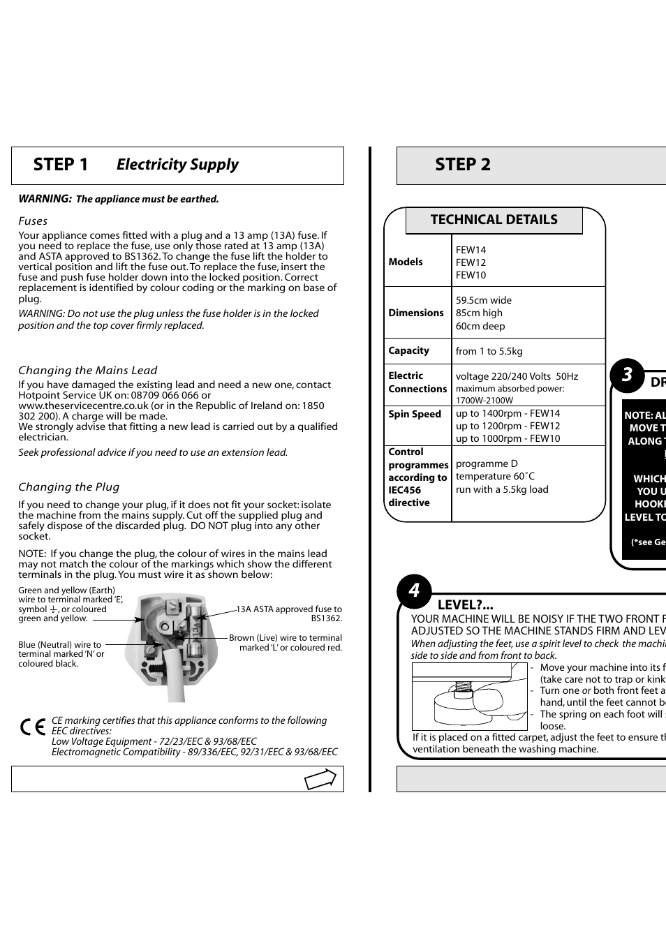 Step 1 step 2, Electricity supply, Level | Technical details | Hotpoint FEW10 User Manual | Page 3 / 12