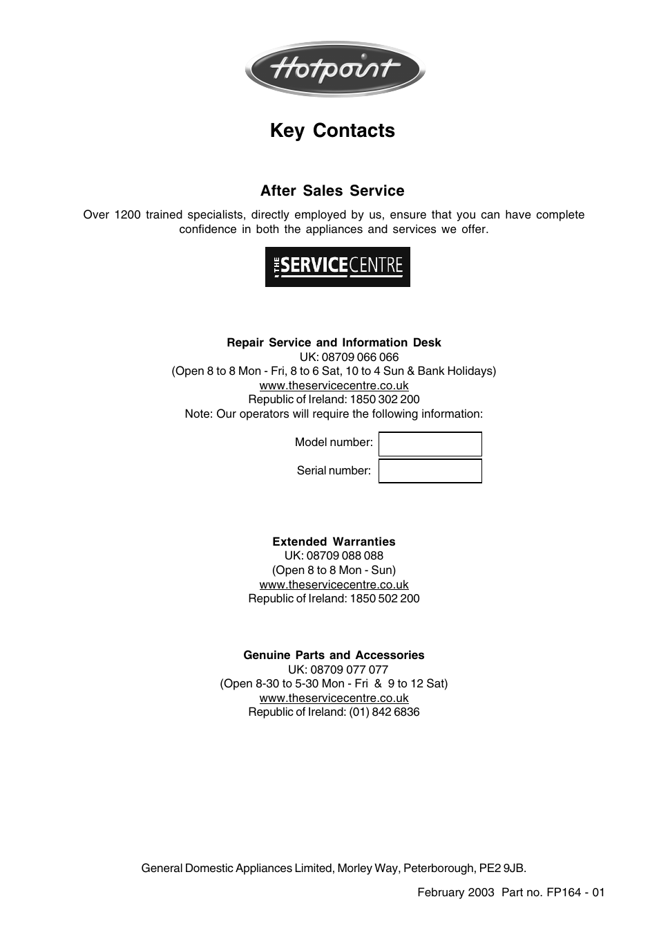 Key contacts | Hotpoint G310 User Manual | Page 12 / 12