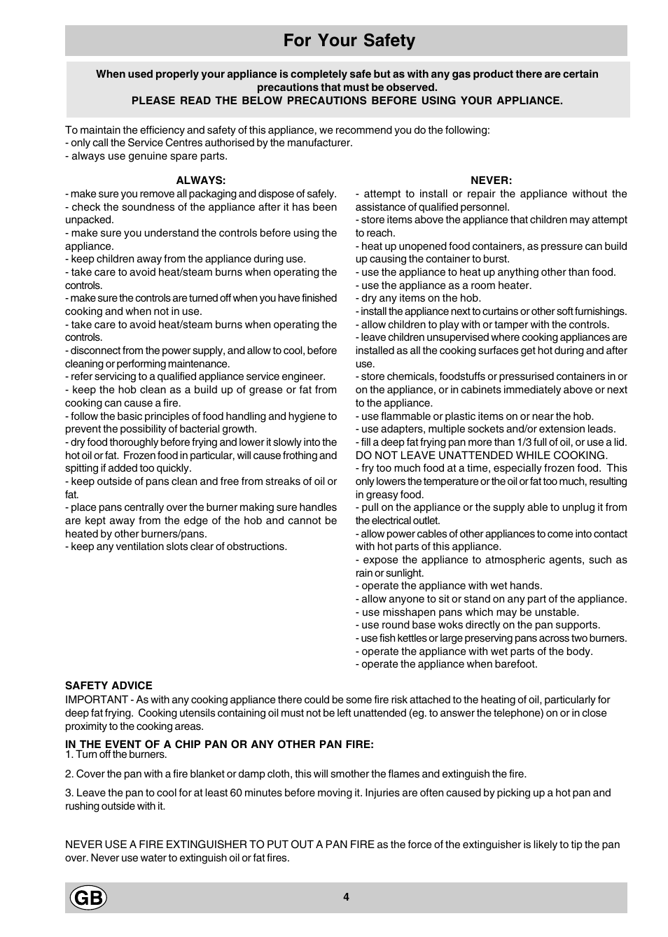 For your safety | Hotpoint G310 User Manual | Page 4 / 12