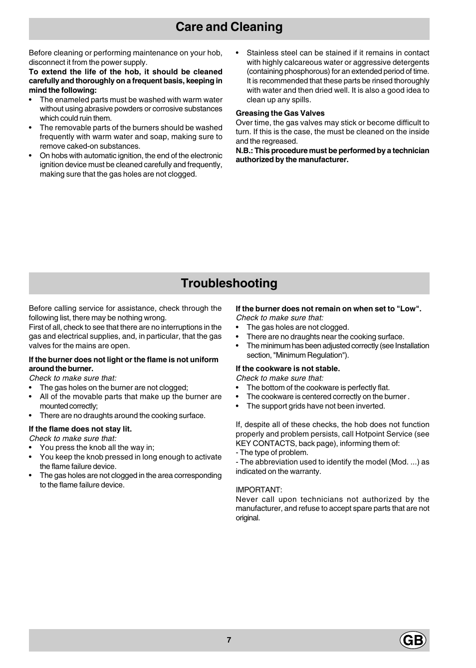 Care and cleaning troubleshooting | Hotpoint G310 User Manual | Page 7 / 12