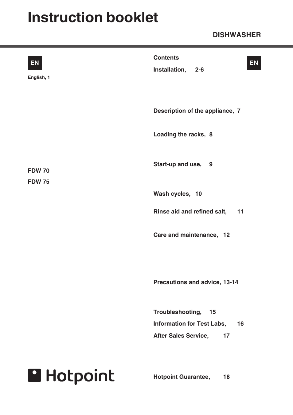 Hotpoint FDW 75 User Manual | 20 pages