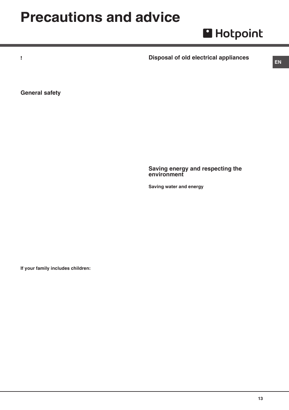 Precautions and advice | Hotpoint FDW 75 User Manual | Page 13 / 20