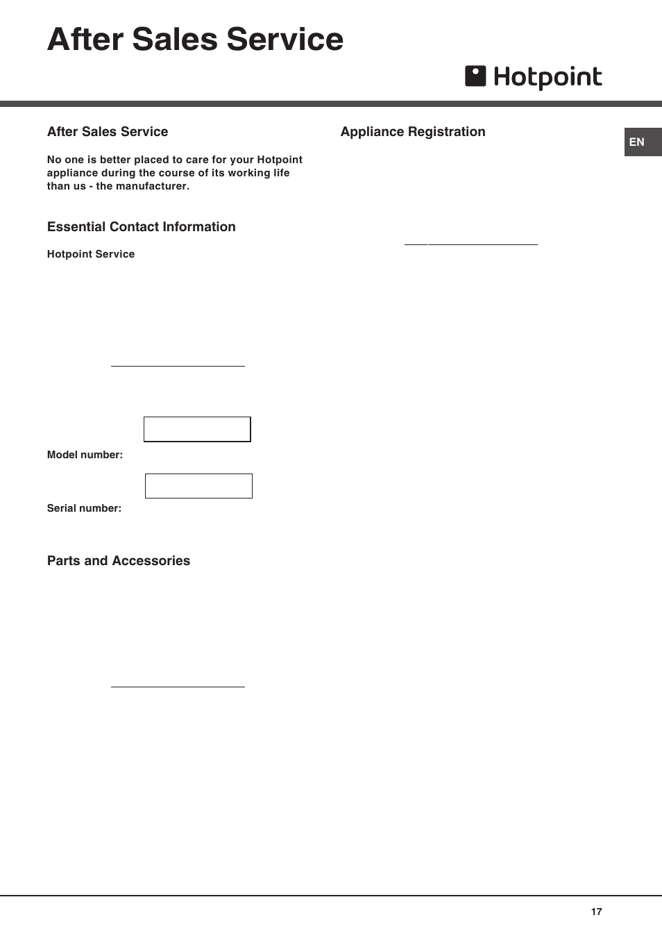 After sales service | Hotpoint FDW 75 User Manual | Page 17 / 20