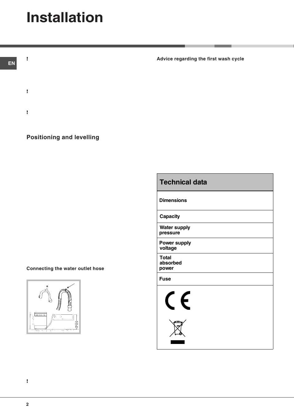 Installation, 7hfkqlfdo gdwd | Hotpoint FDW 75 User Manual | Page 2 / 20