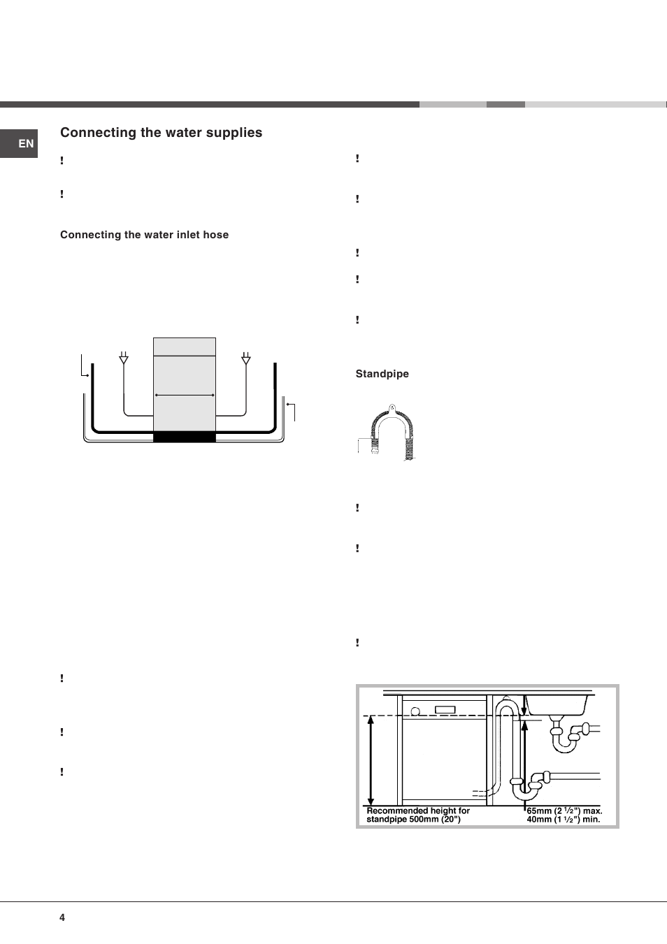 Connecting the water supplies | Hotpoint FDW 75 User Manual | Page 4 / 20