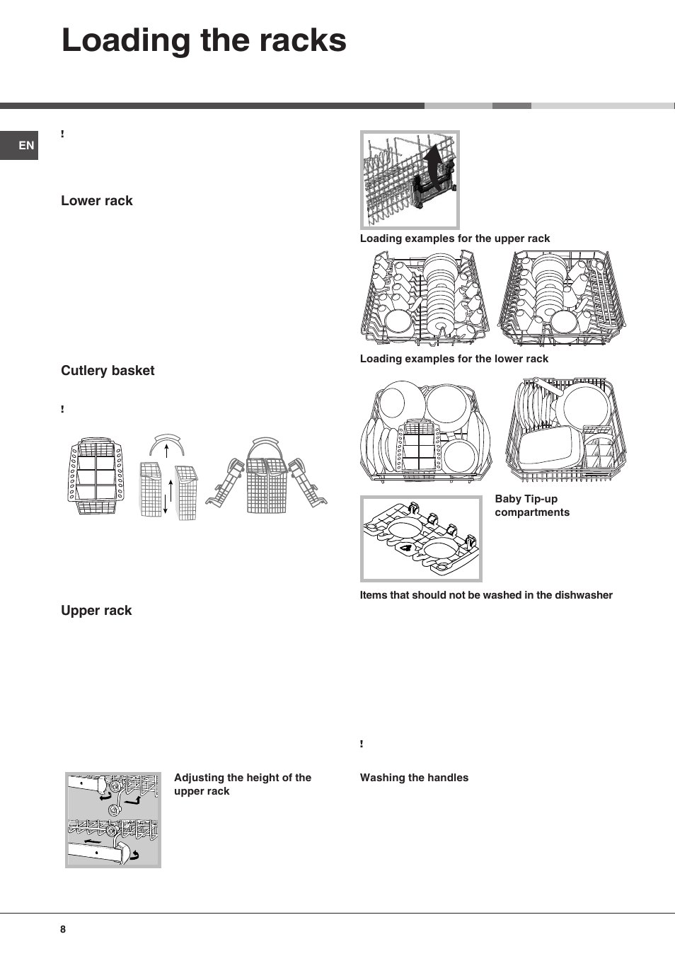 Loading the racks, Lower rack, Cutlery basket | Upper rack | Hotpoint FDW 75 User Manual | Page 8 / 20