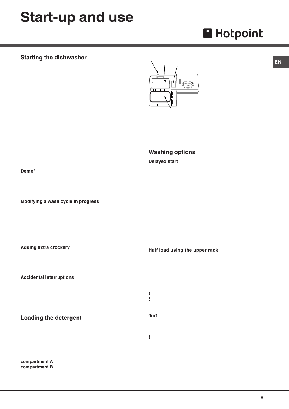 Start-up and use, Starting the dishwasher, Loading the detergent | Washing options | Hotpoint FDW 75 User Manual | Page 9 / 20