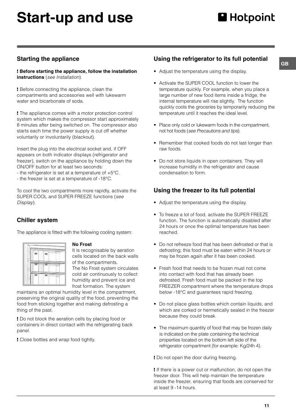 Start-up and use | Hotpoint FFQ48 User Manual | Page 11 / 20