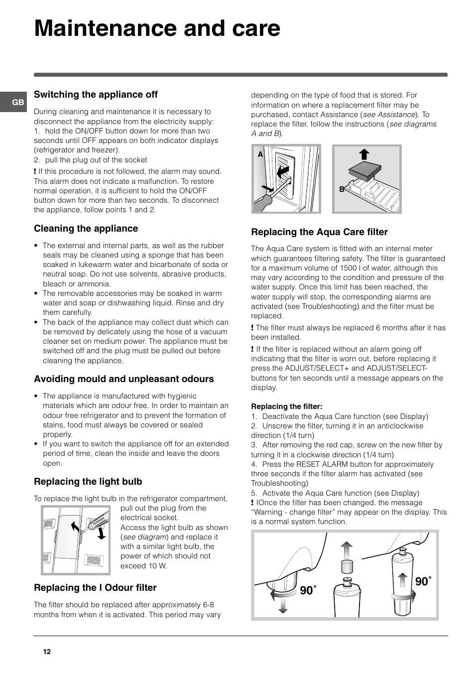 Maintenance and care | Hotpoint FFQ48 User Manual | Page 12 / 20