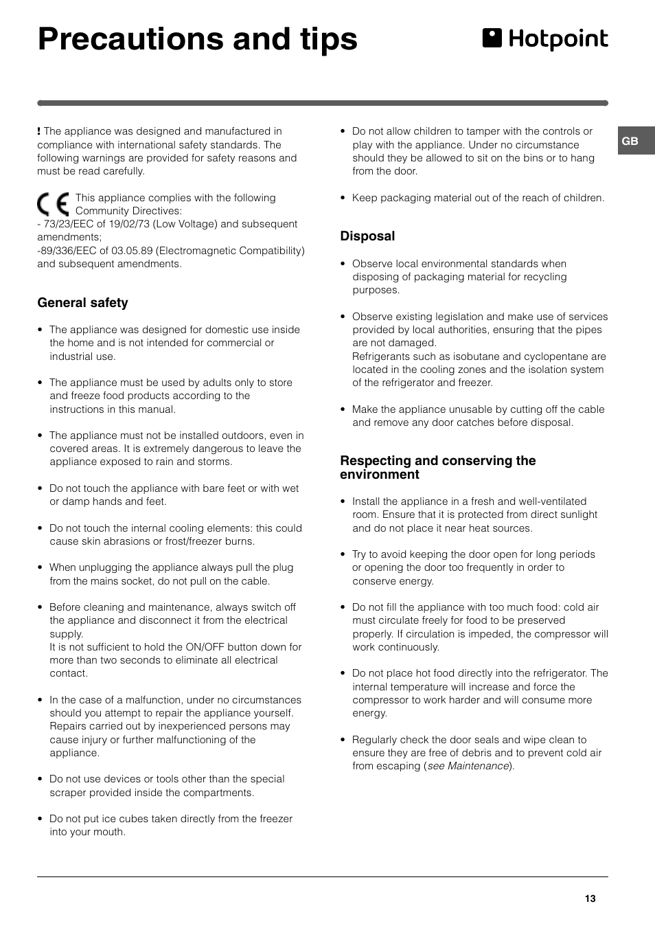 Precautions and tips | Hotpoint FFQ48 User Manual | Page 13 / 20