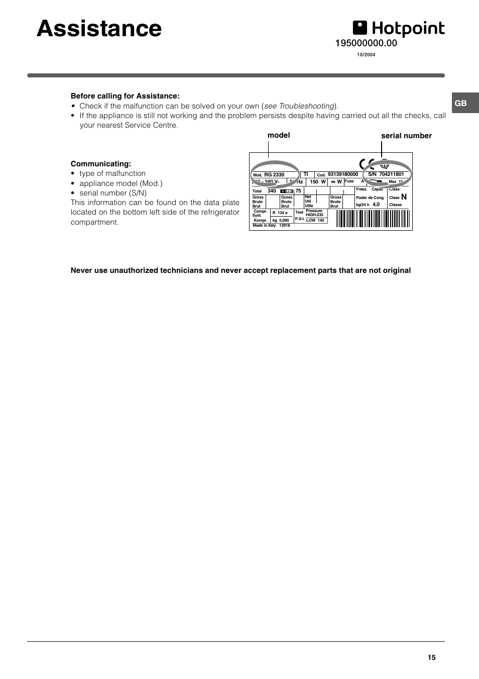 Assistance, Model serial number | Hotpoint FFQ48 User Manual | Page 15 / 20