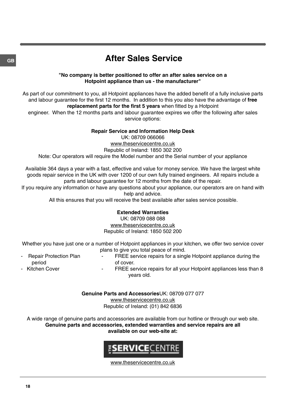 After sales service | Hotpoint FFQ48 User Manual | Page 18 / 20