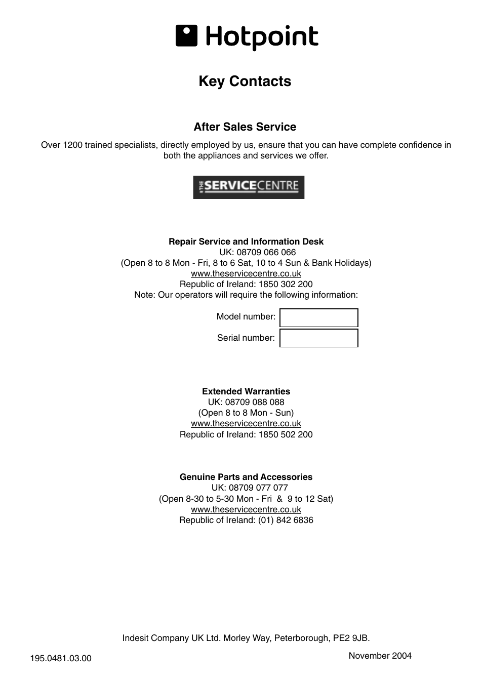 Key contacts, After sales service | Hotpoint FFQ48 User Manual | Page 20 / 20