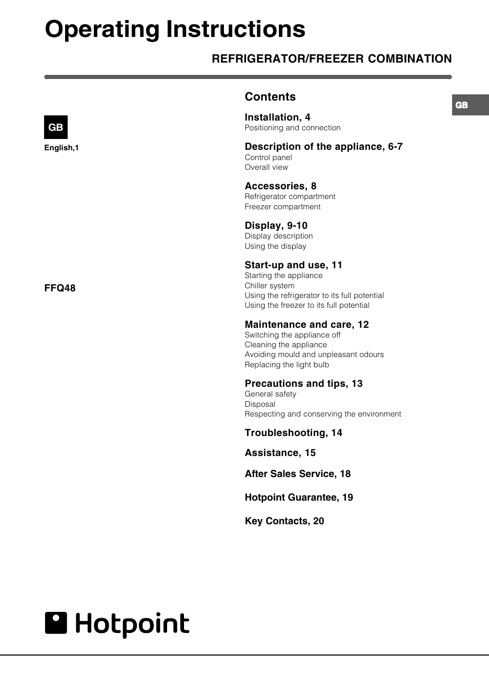 Hotpoint FFQ48 User Manual | Page 3 / 20
