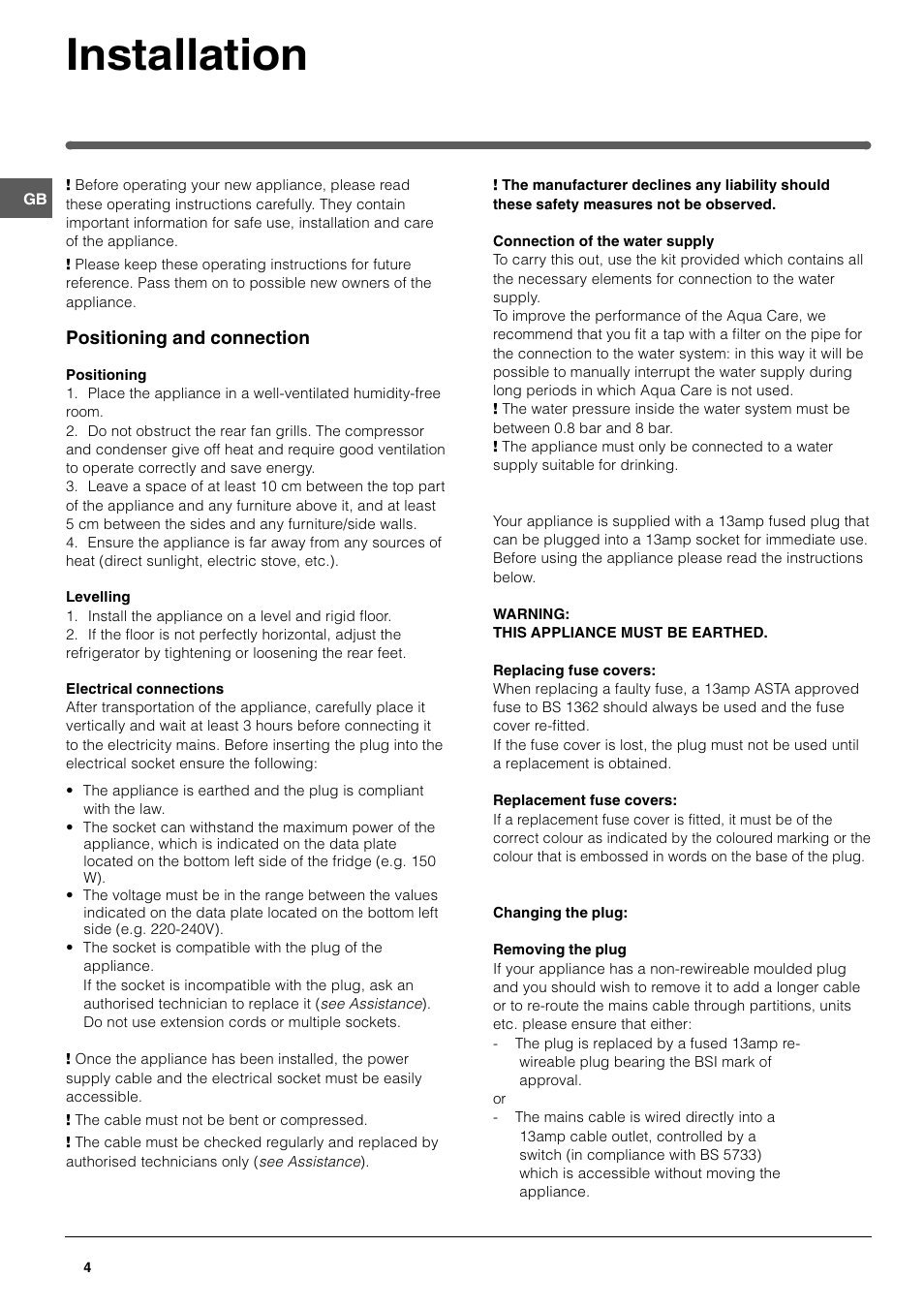 Installation | Hotpoint FFQ48 User Manual | Page 4 / 20