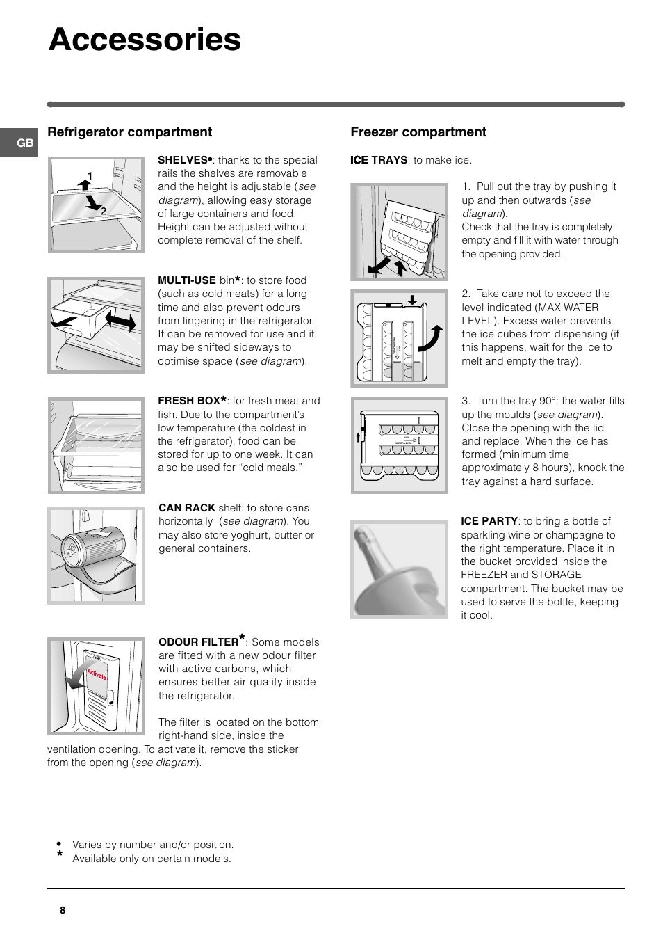 Accessories, Refrigerator compartment, Freezer compartment | Hotpoint FFQ48 User Manual | Page 8 / 20