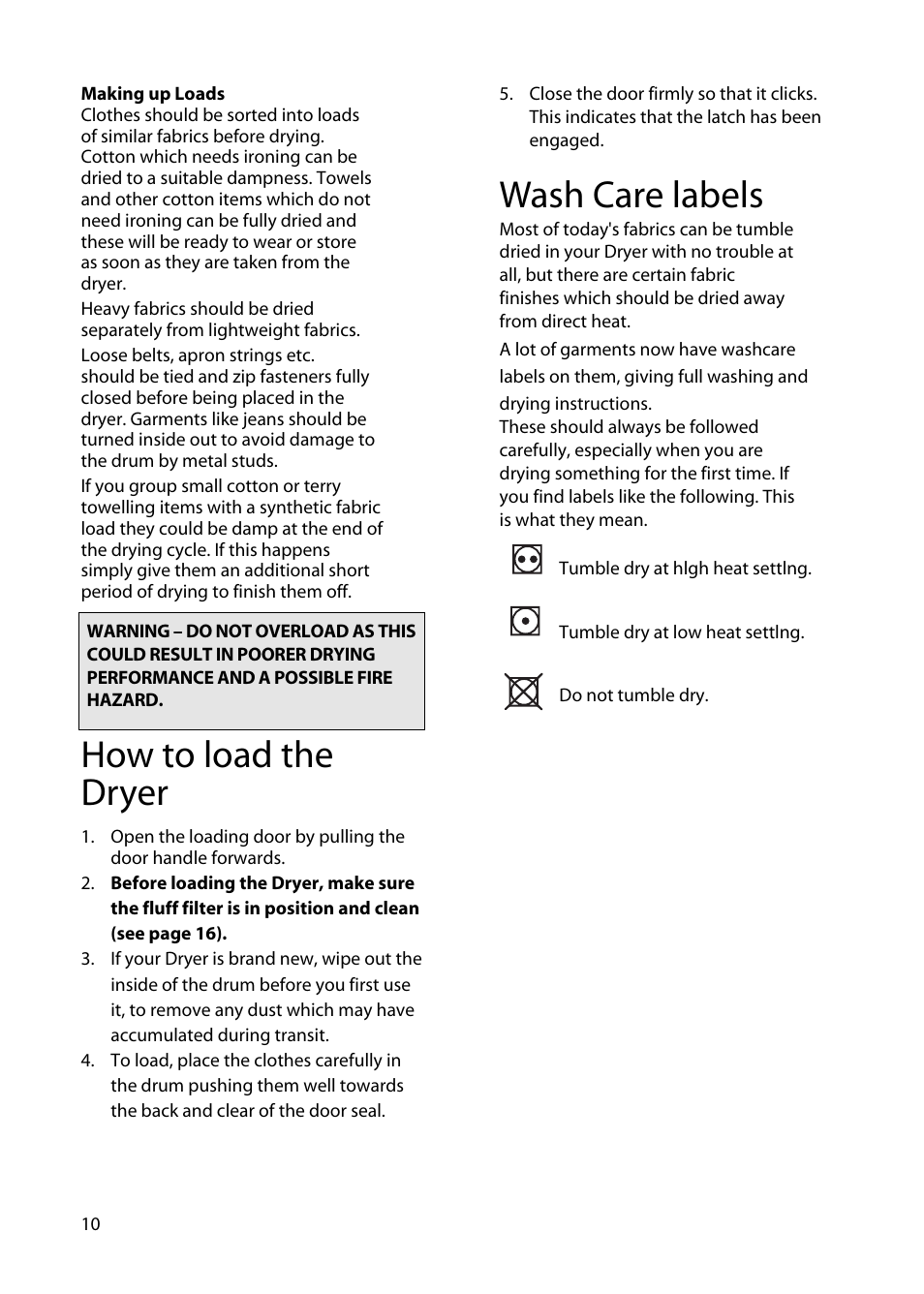 How to load the dryer, Wash care labels | Hotpoint TS13 User Manual | Page 10 / 20