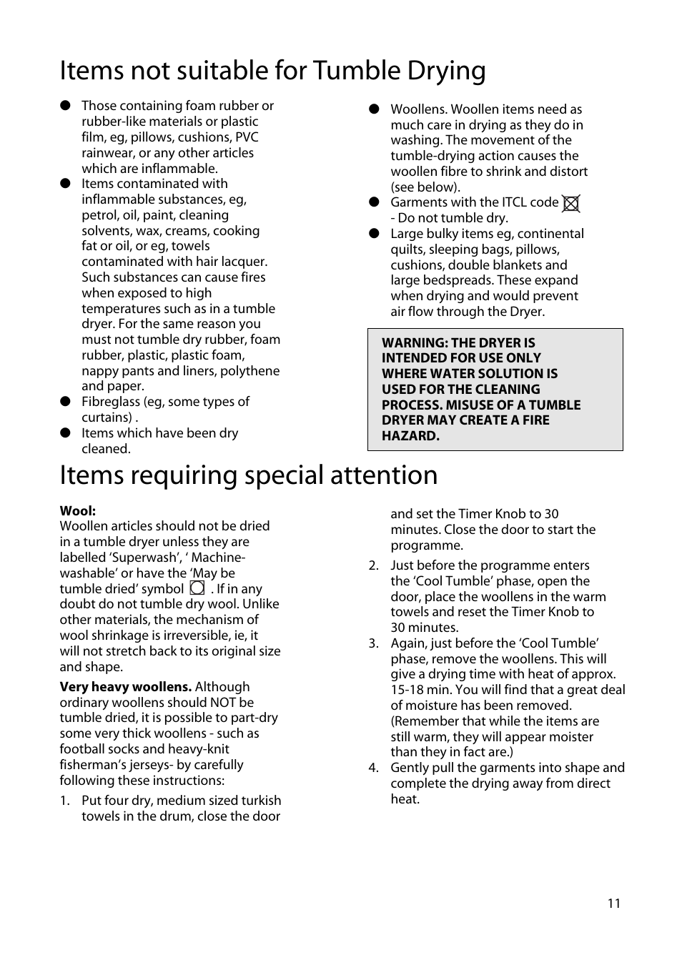 Items not suitable for tumble drying, Items requiring special attention | Hotpoint TS13 User Manual | Page 11 / 20