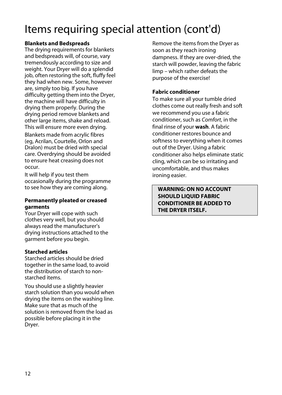 Items requiring special attention (cont'd) | Hotpoint TS13 User Manual | Page 12 / 20