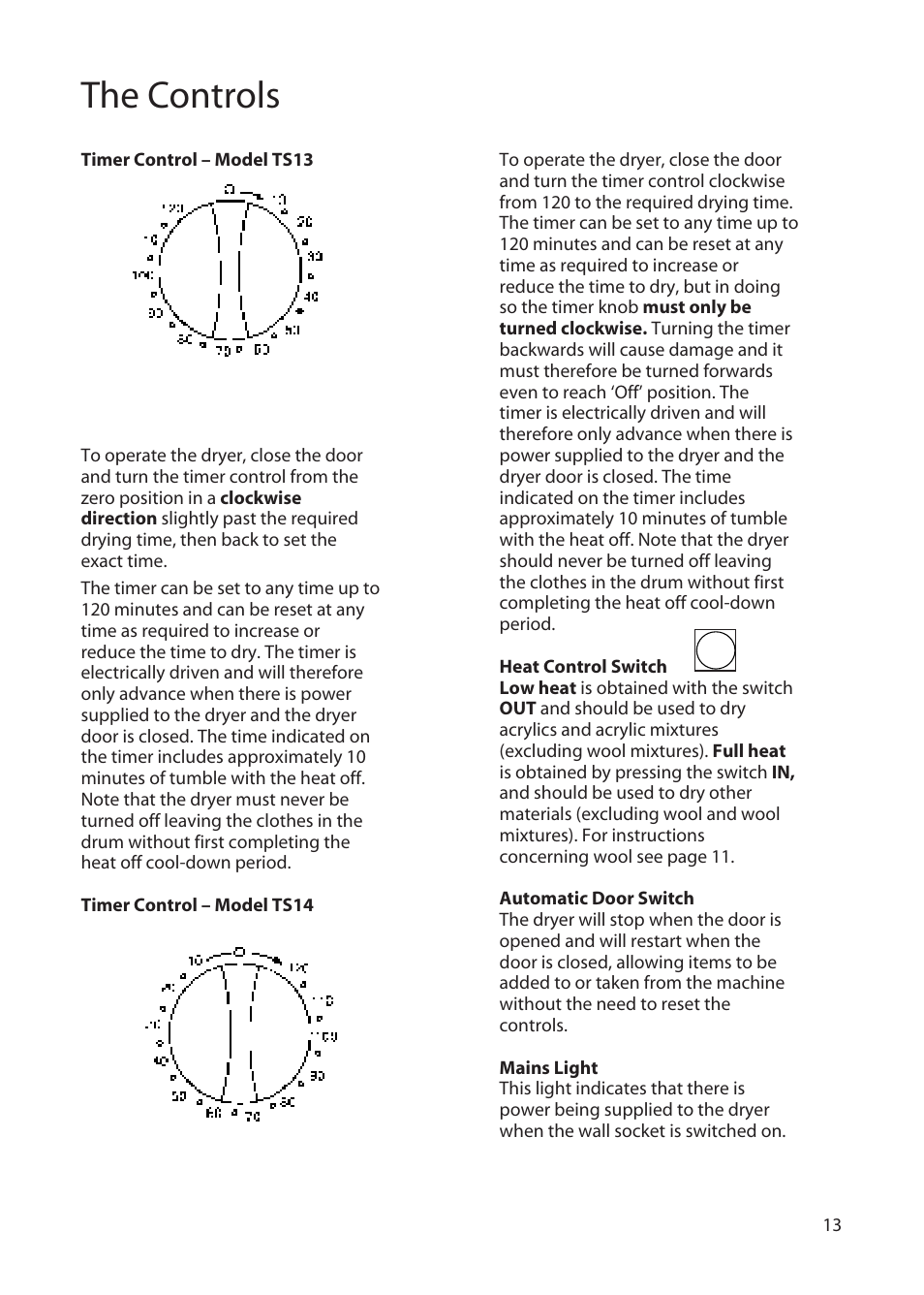 The controls | Hotpoint TS13 User Manual | Page 13 / 20