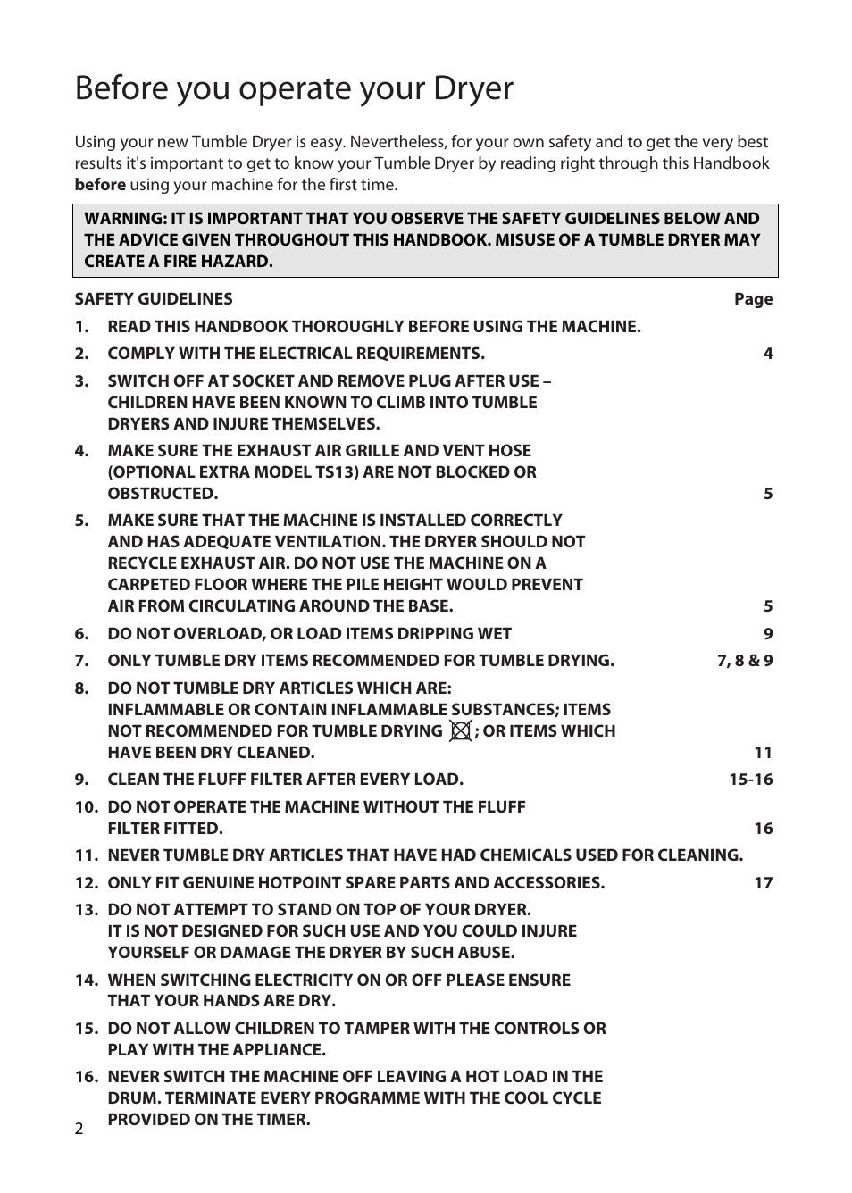 Before you operate your dryer | Hotpoint TS13 User Manual | Page 2 / 20