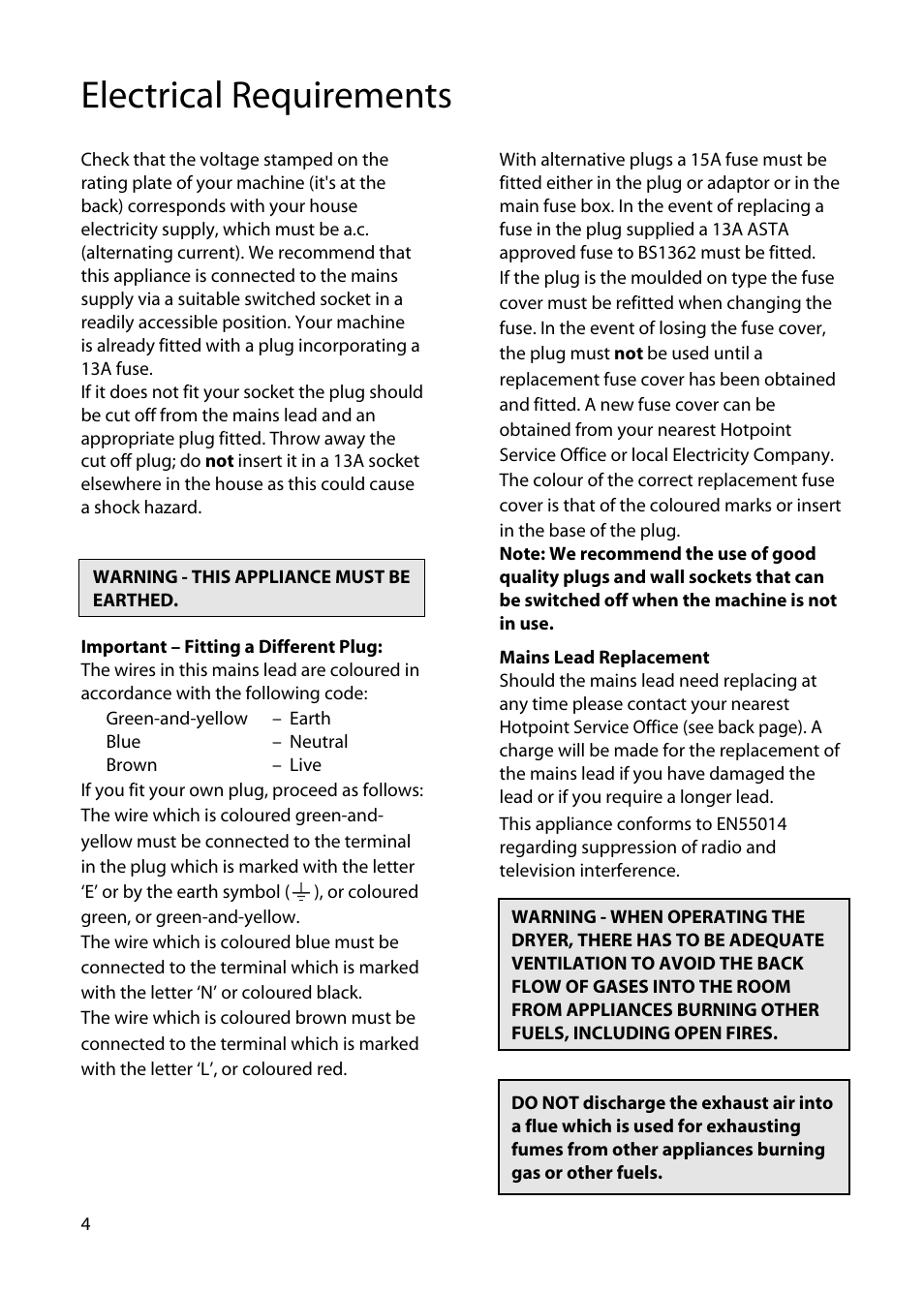 Electrical requirements | Hotpoint TS13 User Manual | Page 4 / 20