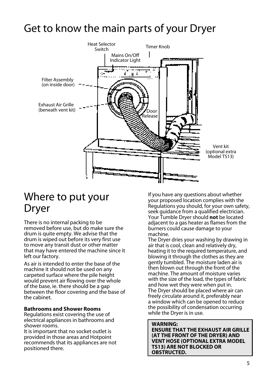 Get to know the main parts of your dryer, Where to put your dryer | Hotpoint TS13 User Manual | Page 5 / 20