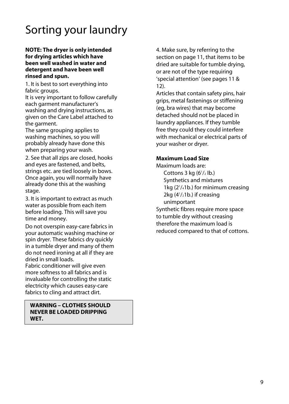 Sorting your laundry | Hotpoint TS13 User Manual | Page 9 / 20