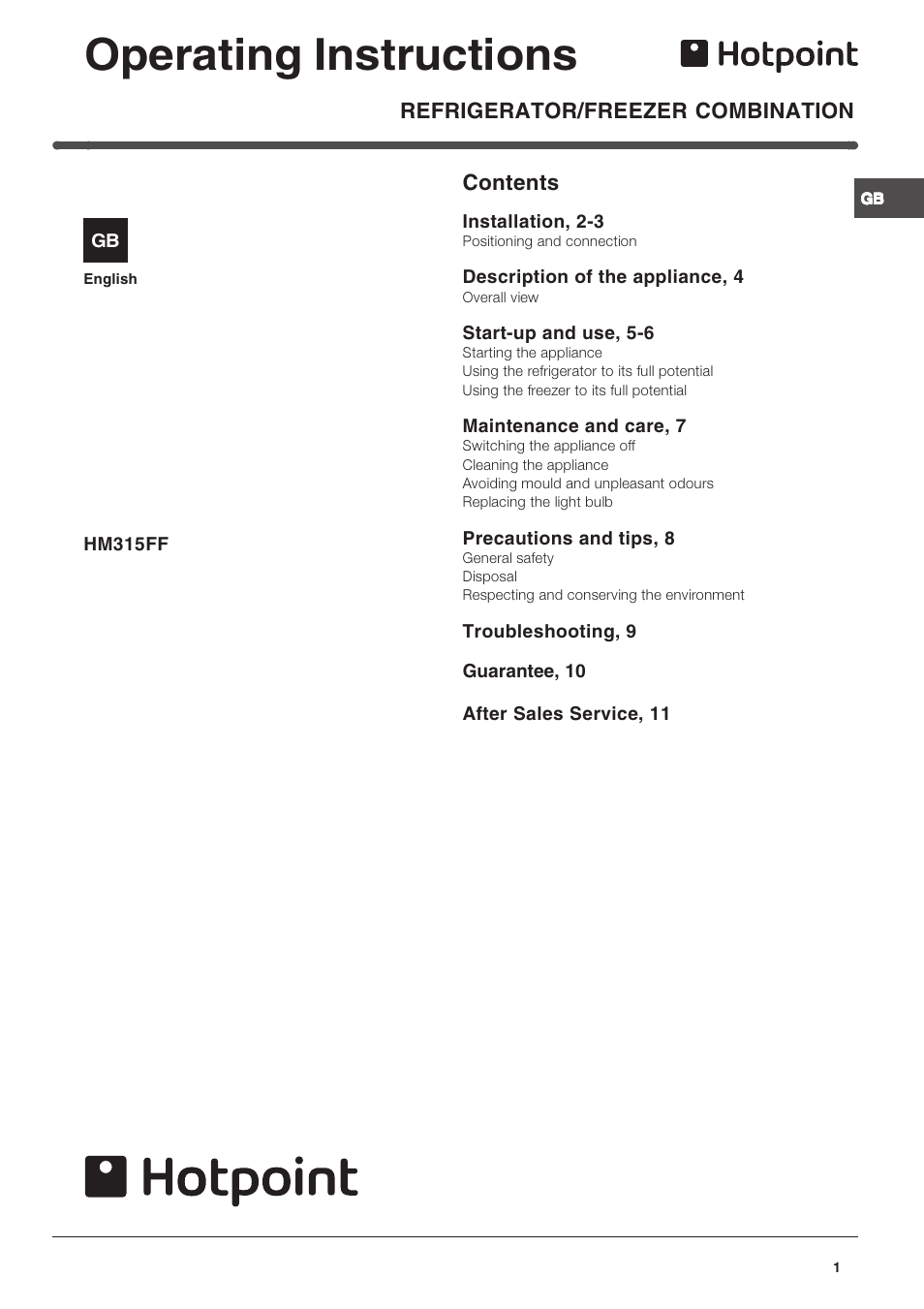 Hotpoint HM315FF User Manual | 13 pages