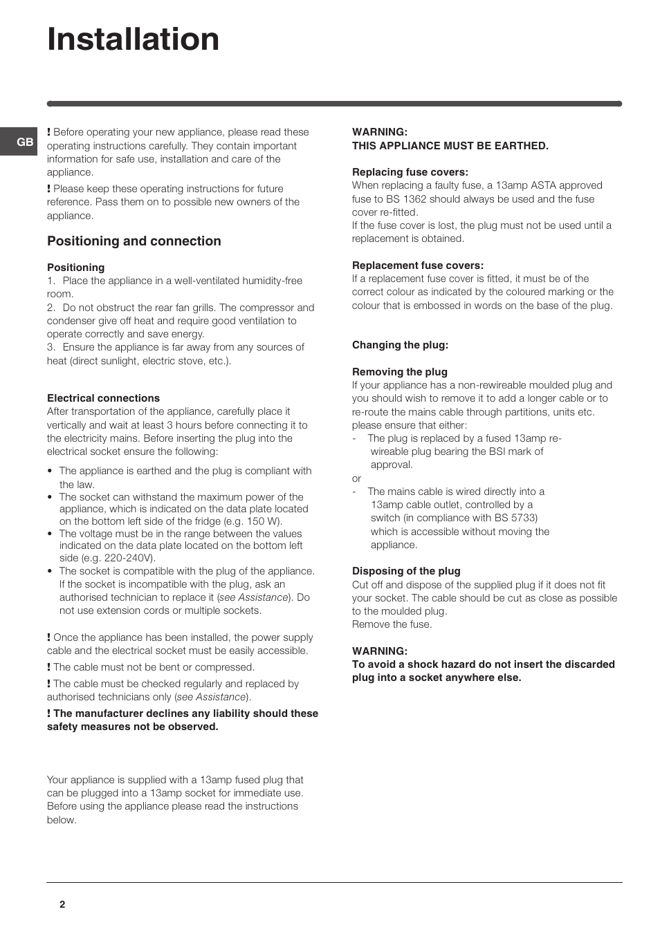 Installation, Positioning and connection | Hotpoint HM315FF User Manual | Page 2 / 13