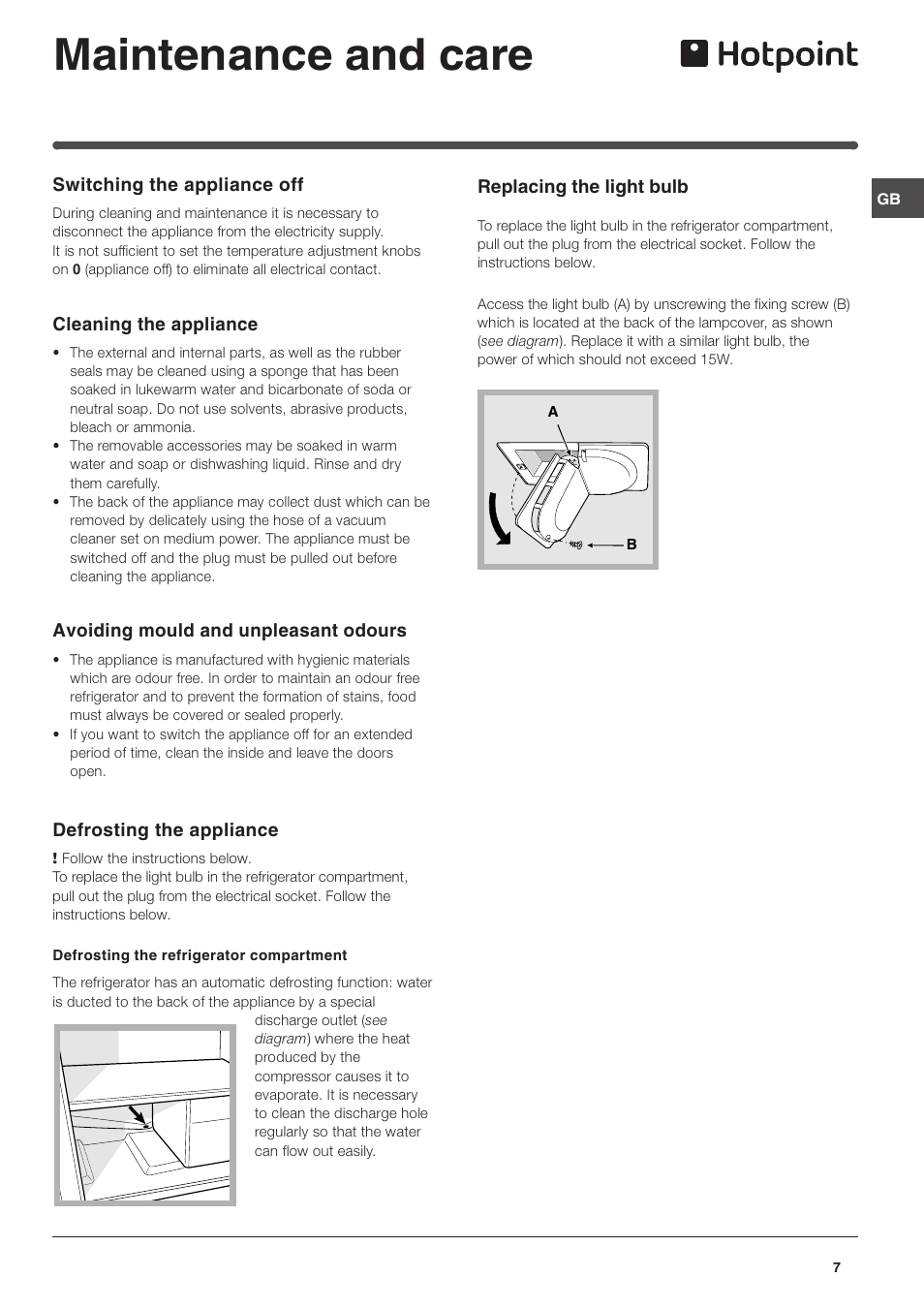 Maintenance and care | Hotpoint HM315FF User Manual | Page 7 / 13