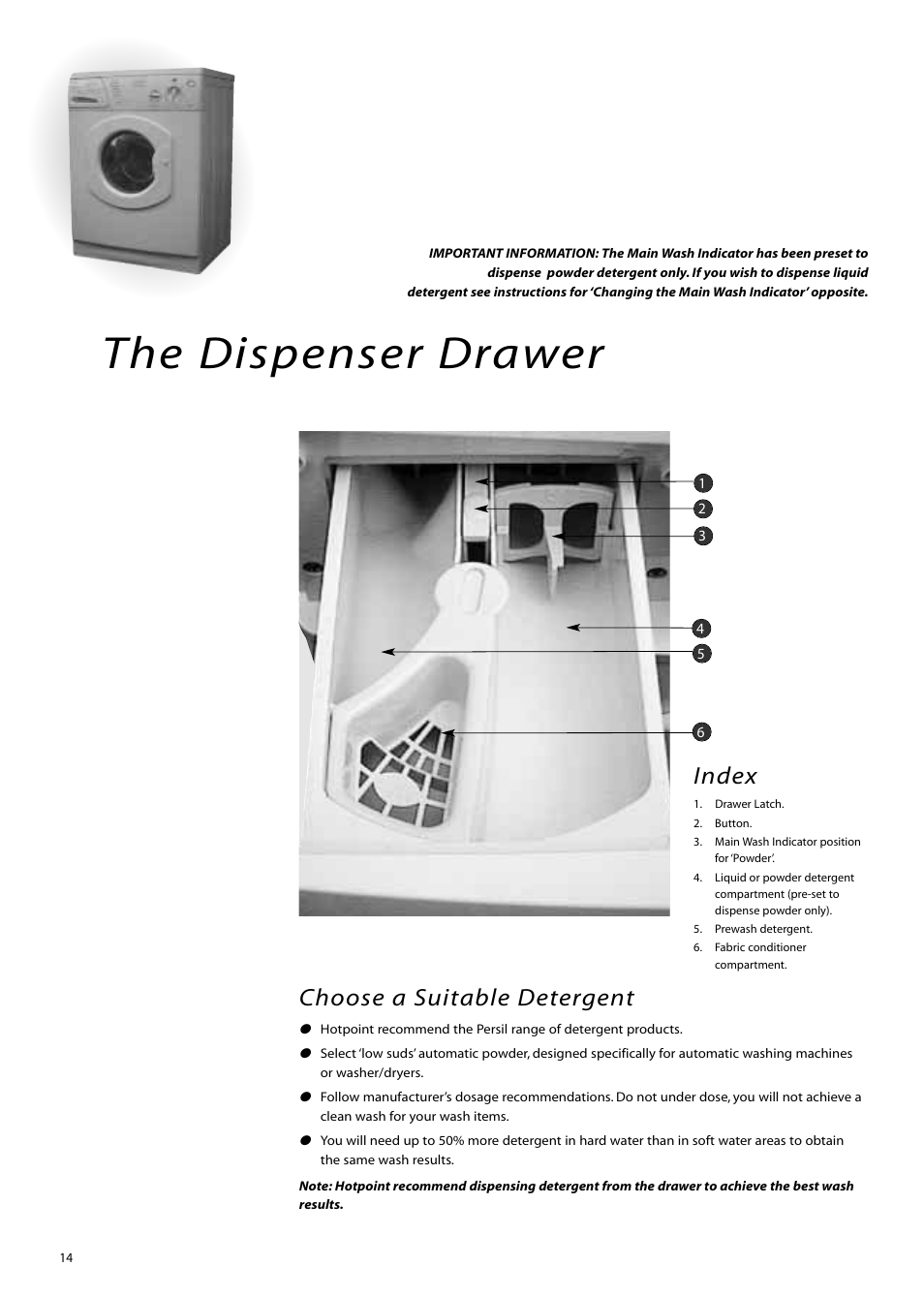 The dispenser drawer, Choose a suitable detergent, Index | Hotpoint WM80 User Manual | Page 14 / 20