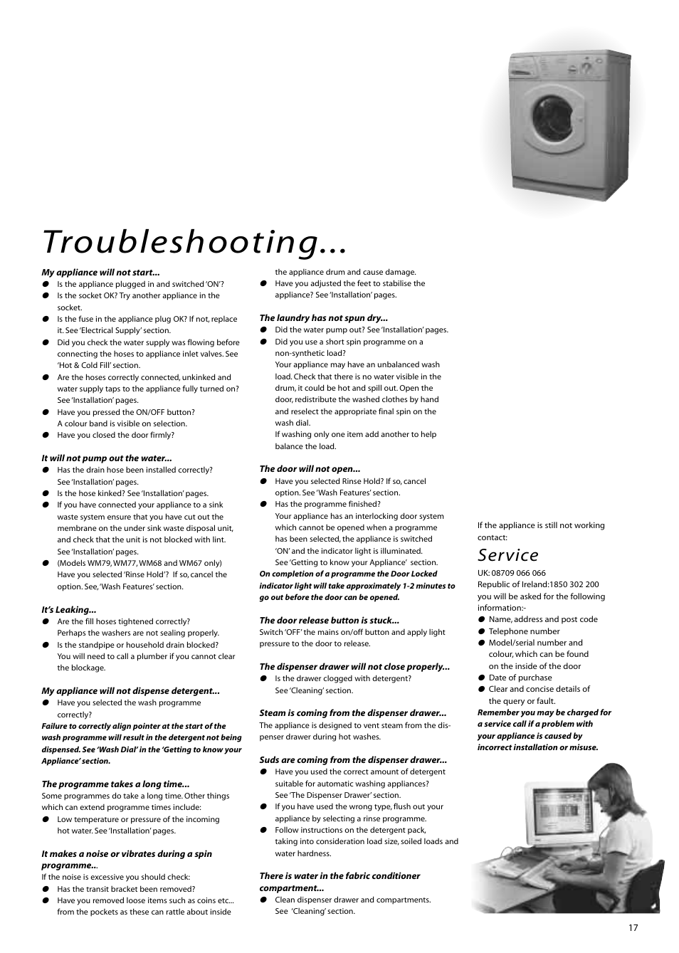 Troubleshooting, Service | Hotpoint WM80 User Manual | Page 17 / 20