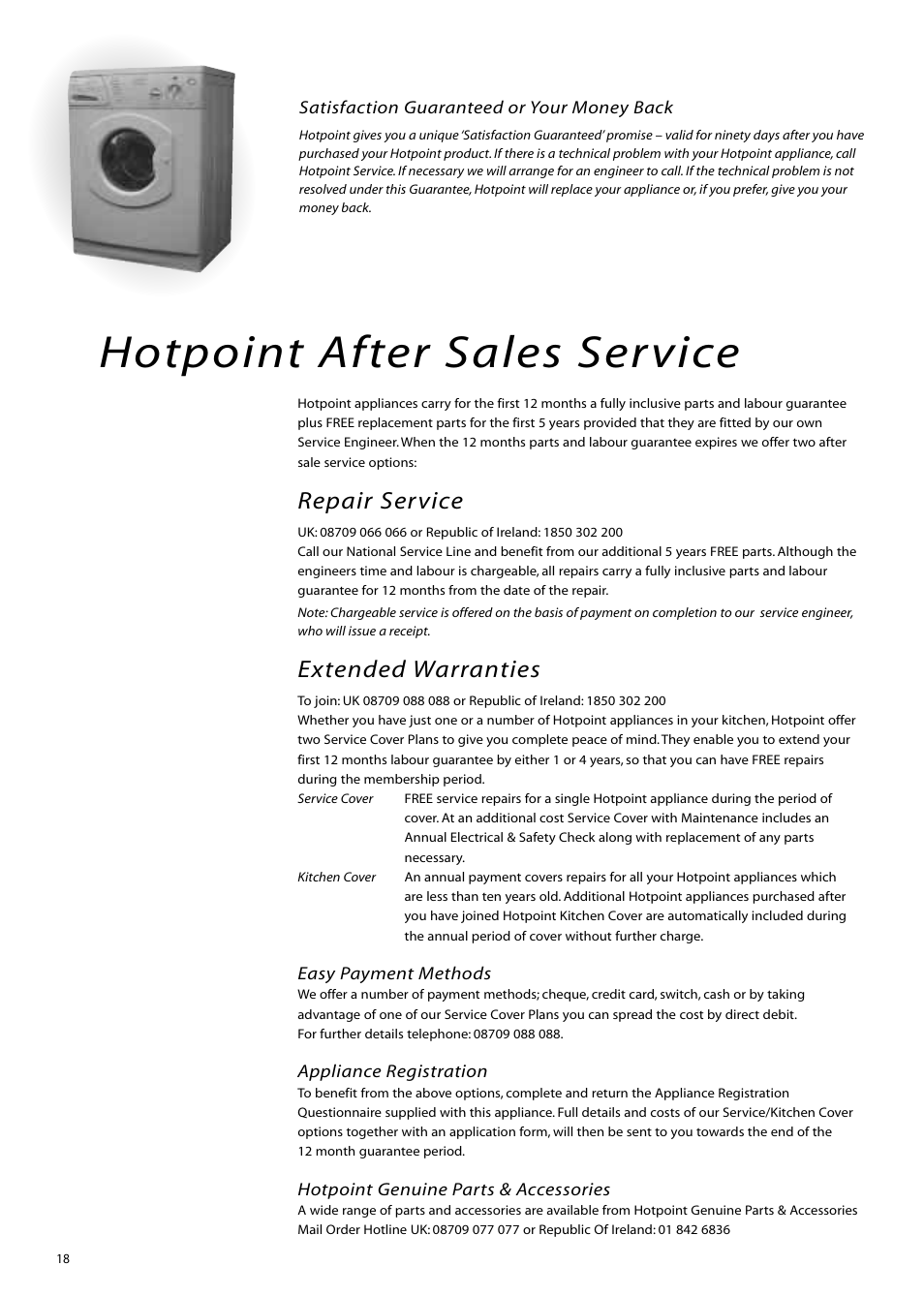 Hotpoint after sales service, Repair service, Extended warranties | Hotpoint WM80 User Manual | Page 18 / 20