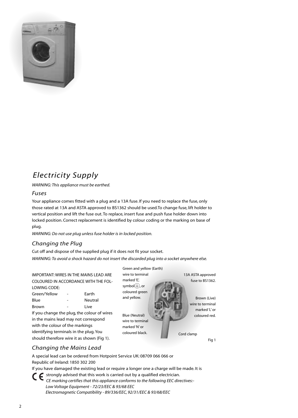 Electricity supply, Fuses, Changing the plug | Changing the mains lead | Hotpoint WM80 User Manual | Page 2 / 20