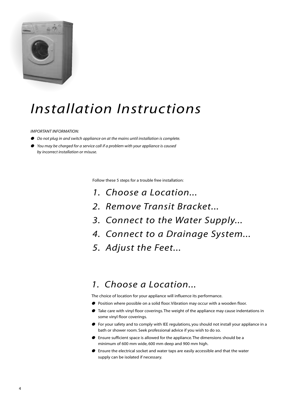 Installation instructions, Choose a location | Hotpoint WM80 User Manual | Page 4 / 20