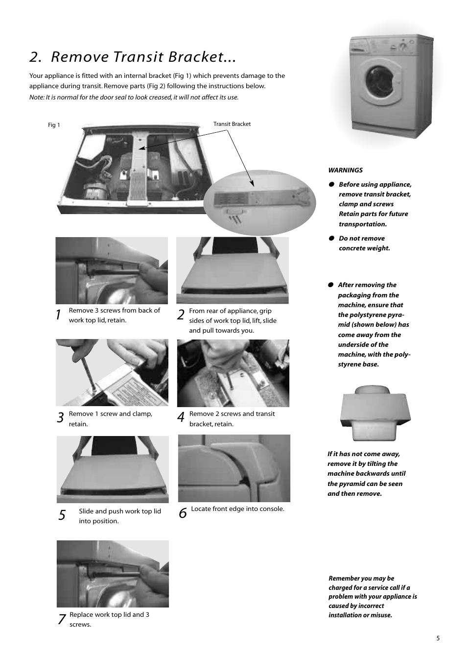 Remove transit bracket | Hotpoint WM80 User Manual | Page 5 / 20