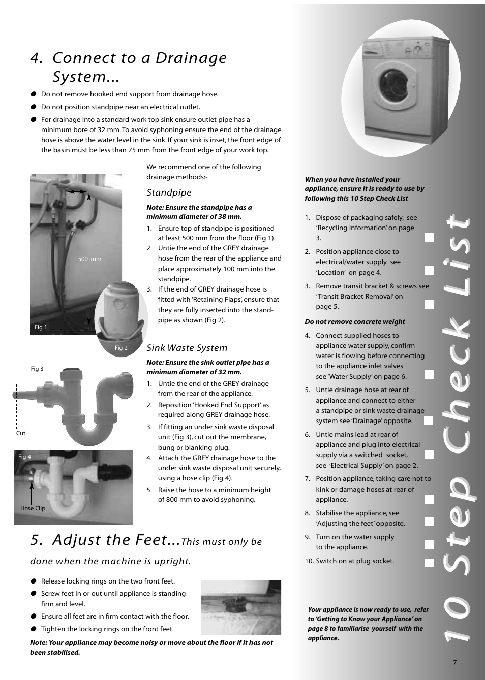 10 st, 10 st ep c ep c heck list heck list, Connect to a drainage system | Adjust the feet | Hotpoint WM80 User Manual | Page 7 / 20