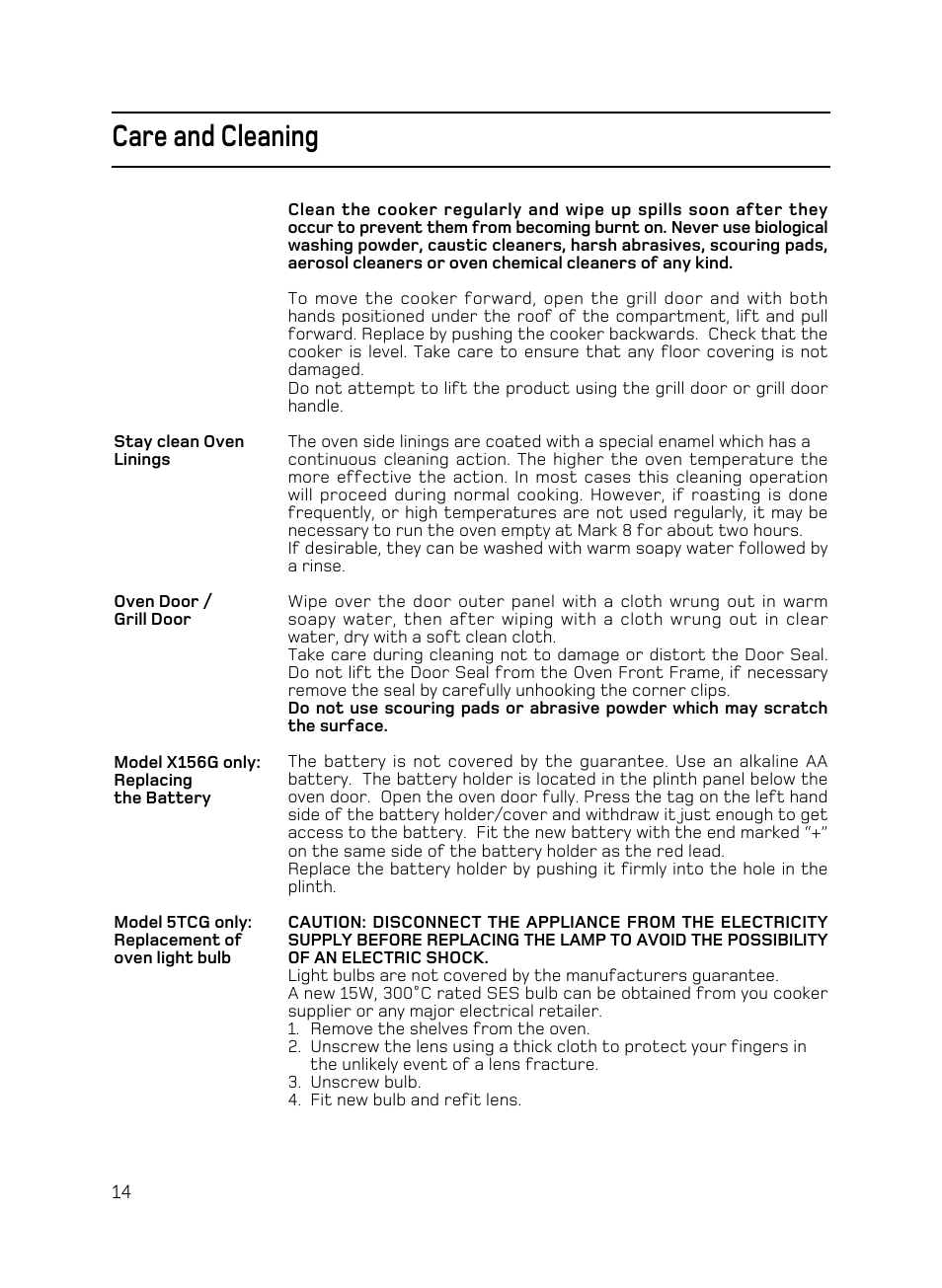 Care and cleaning | Hotpoint X156G User Manual | Page 14 / 24