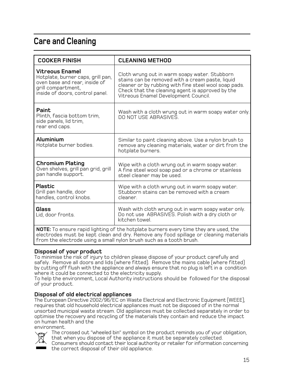 Care and cleaning | Hotpoint X156G User Manual | Page 15 / 24