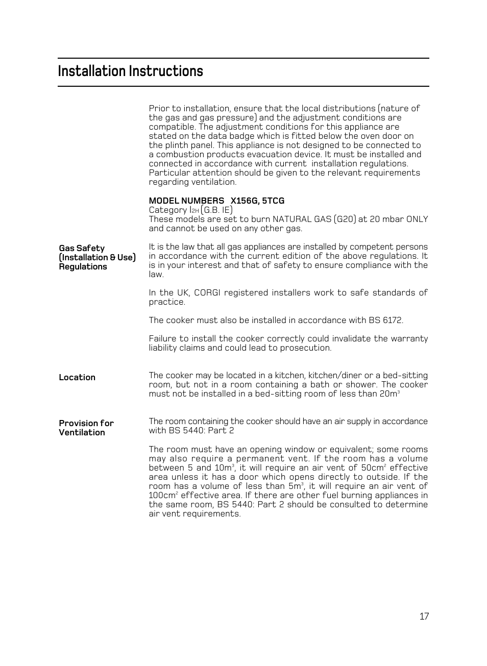 Installation instructions | Hotpoint X156G User Manual | Page 17 / 24