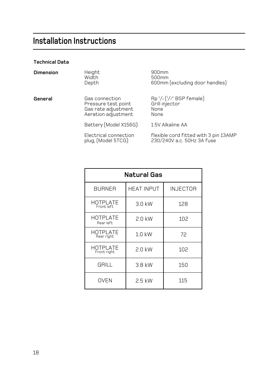 Installation instructions, Natural gas | Hotpoint X156G User Manual | Page 18 / 24