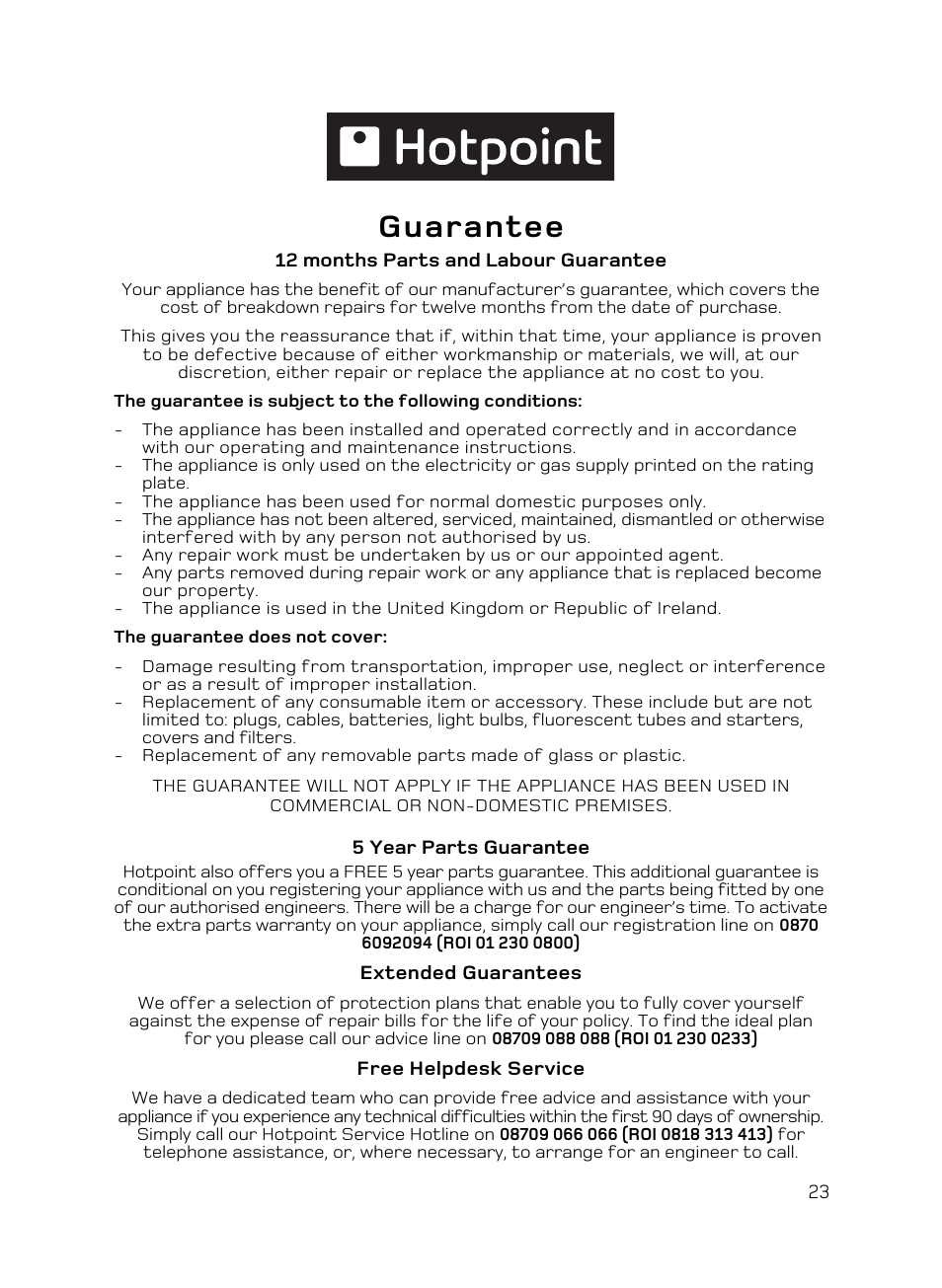 Guarantee | Hotpoint X156G User Manual | Page 23 / 24