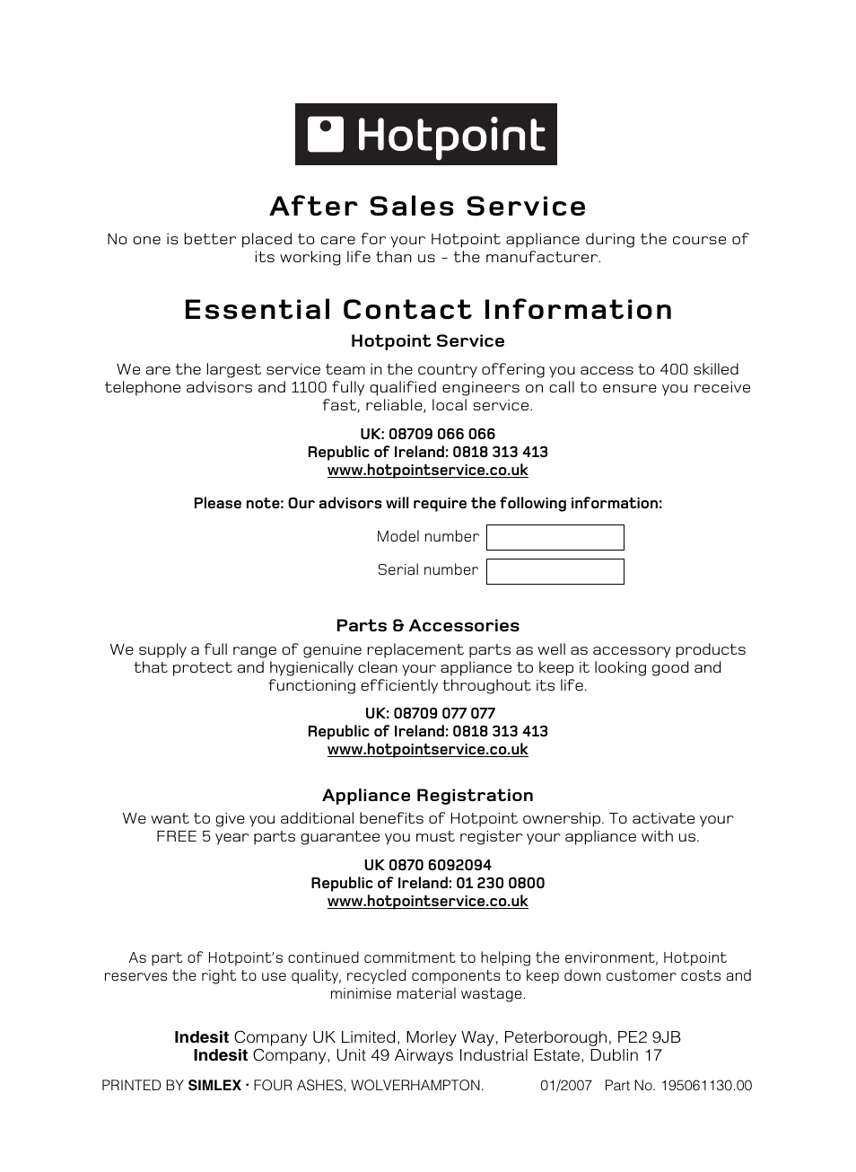 After sales service, Essential contact information | Hotpoint X156G User Manual | Page 24 / 24